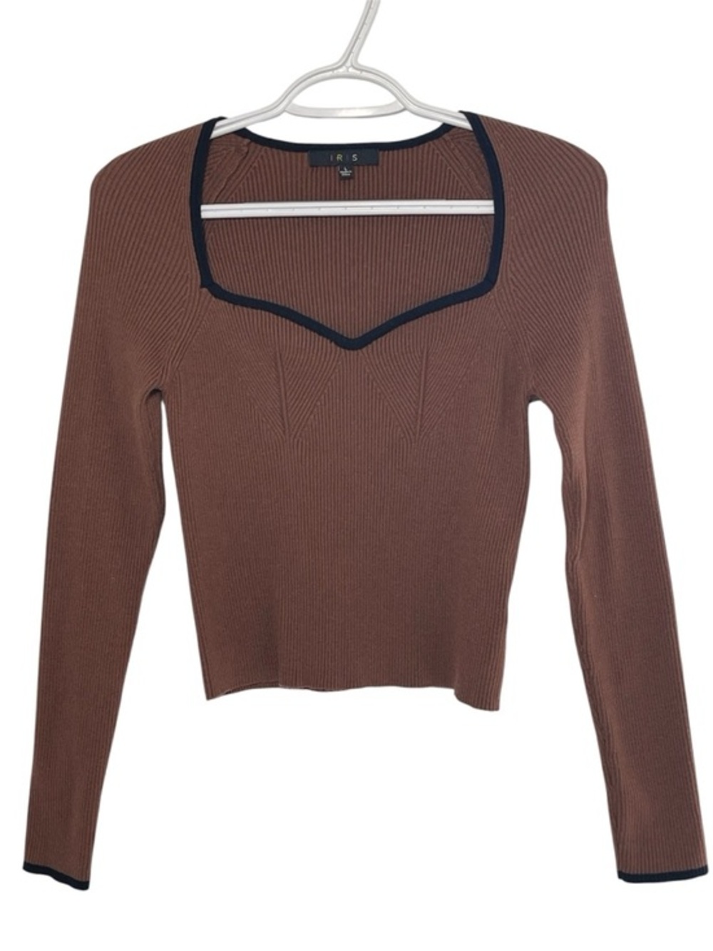 IRIS WOMEN’S Brown Ribbed Long-Sleeve Top  with Black Trim Size L NWOT